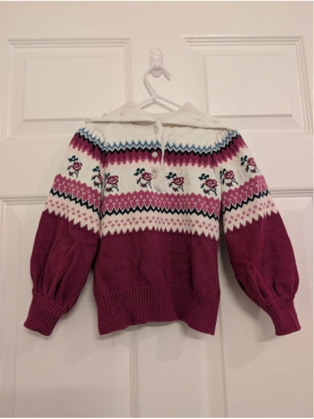 Girls Janie and Jack Maroon & White Fair Isle Sweater 3T Ruffle Bib Turtleneck - Picture 3 of 6